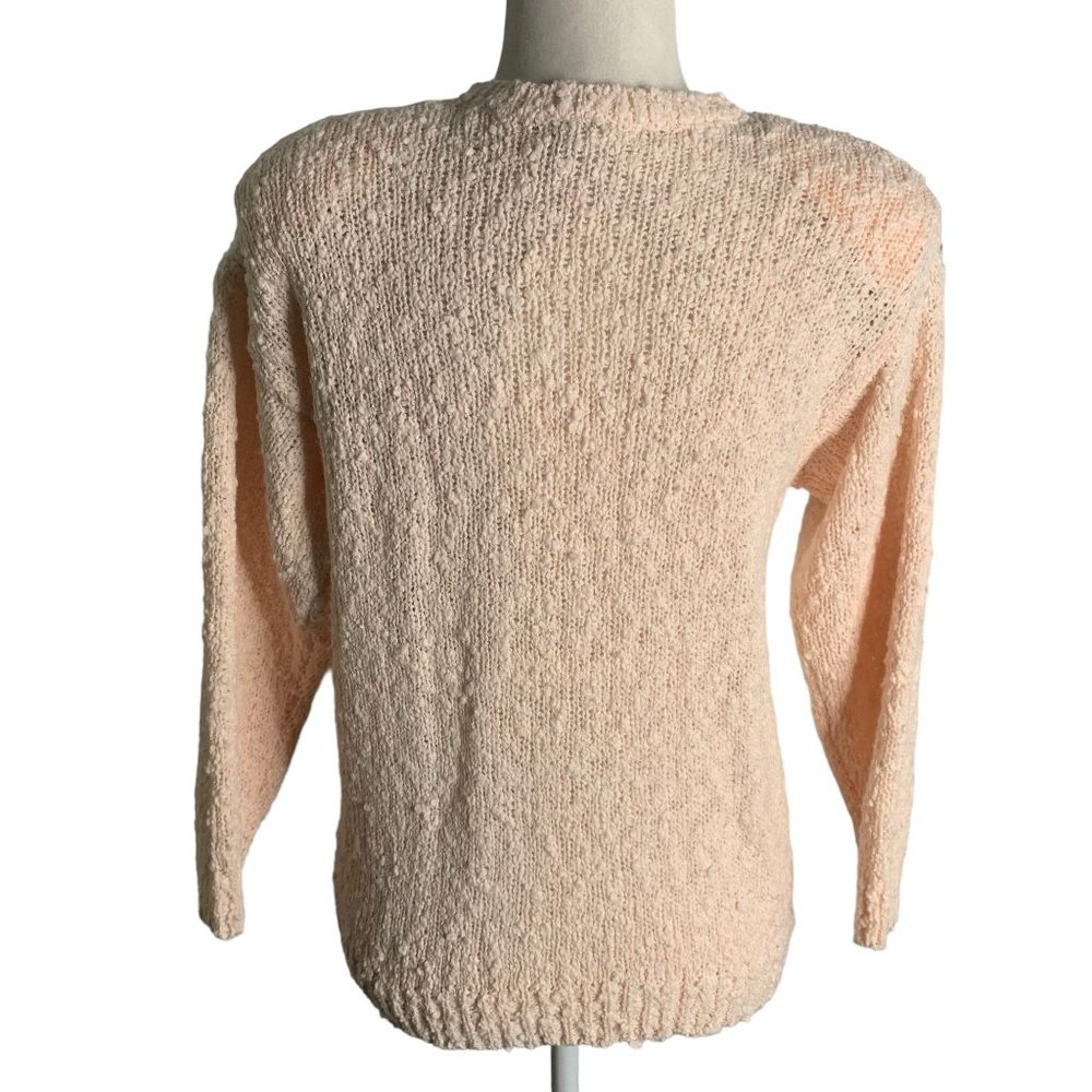 Vintage 80s Boucle Knit Sweater S Pink Embroidered Rose Applique Beaded Pullover - Picture 4 of 6